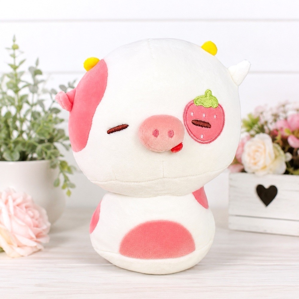 Mewaii Strawberry Cow Plush 8" Pink White Kawaii Squishy Stuffed Animal w/ Tags
